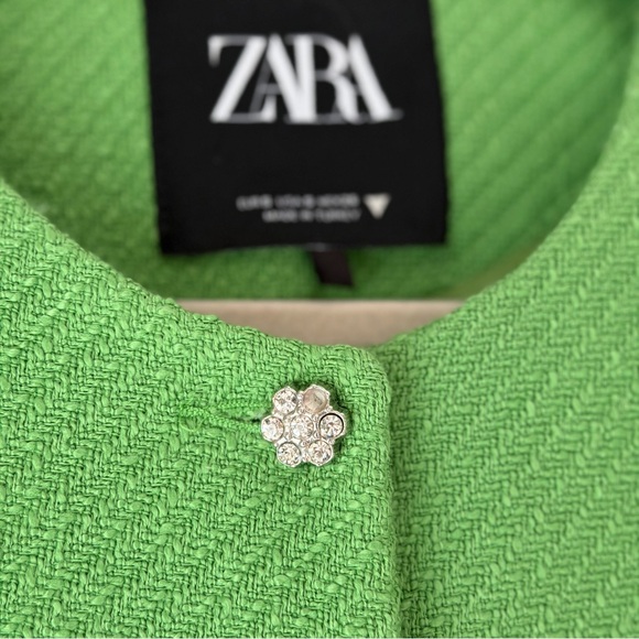 ZARA | CROPPED LIME GREEN TWEED BLAZER JACKET RHINESTONE BUTTON SIZE SMALL - Picture 11 of 11